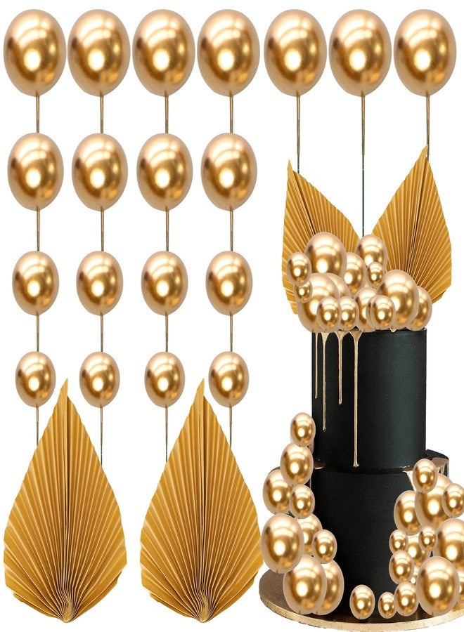 Ephlyn 28Pcs Paper Palm Fan Cake Topper Balls Cake Pick for Baby Shower Wedding Bridal Shower Birthday Party Cake Decorations Supplies Gold - Image 1