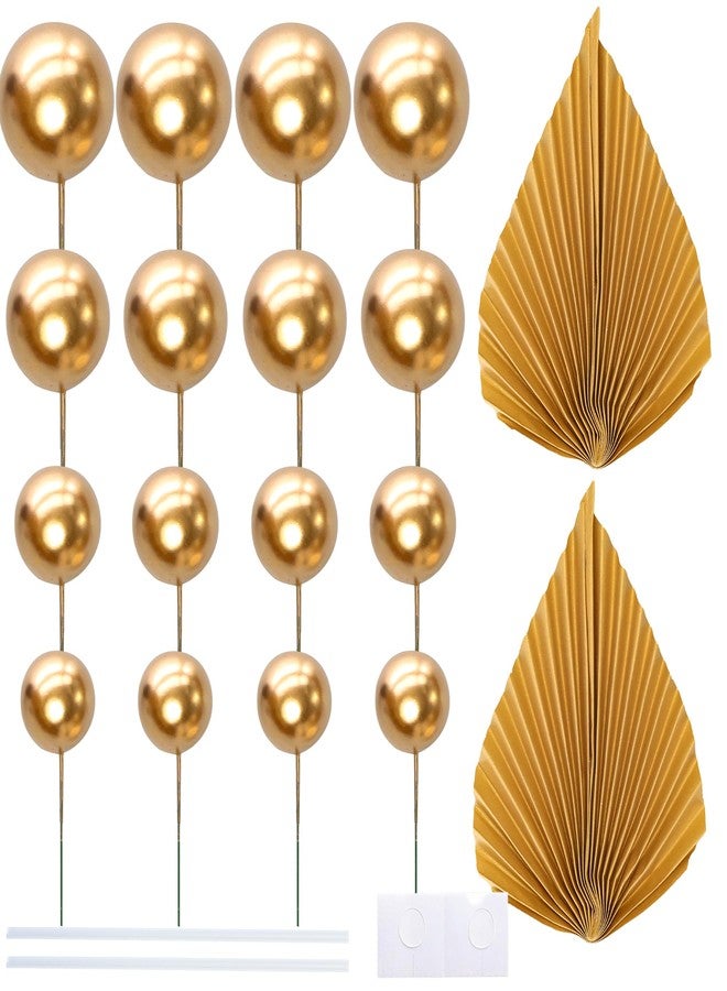 Ephlyn 28Pcs Paper Palm Fan Cake Topper Balls Cake Pick for Baby Shower Wedding Bridal Shower Birthday Party Cake Decorations Supplies Gold - Image 3