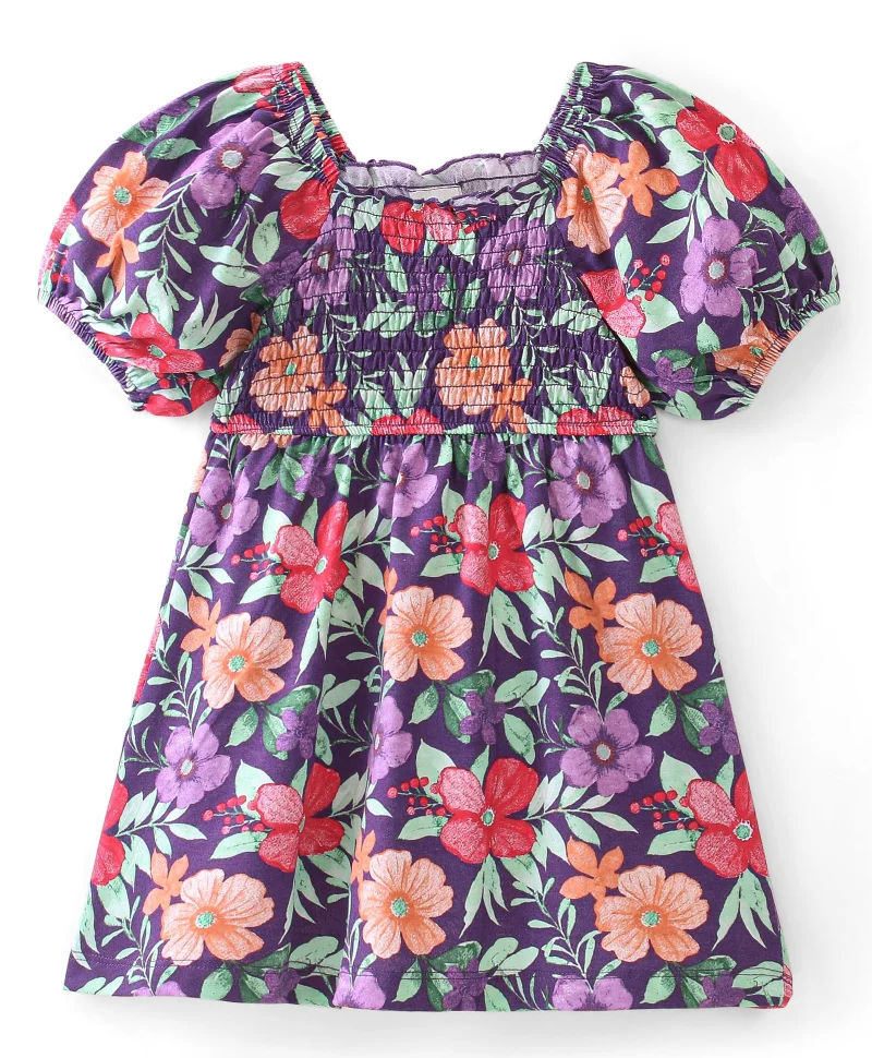 babyhug Babyhug Cotton Knit Half Sleeves Frock With Floral Print - Purple