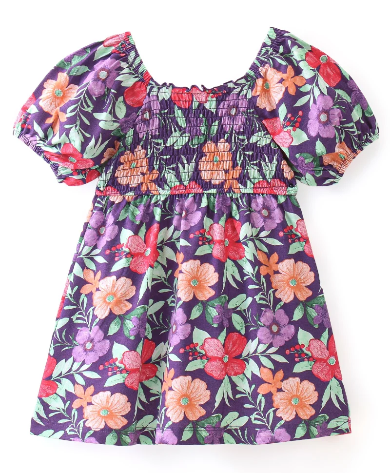 babyhug Babyhug Cotton Knit Half Sleeves Frock With Floral Print - Purple