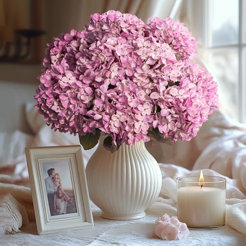 Uqueeten Artificial Flower Fake Silk Hydrangea Heads Bouquet with Stems Bulk for Fall Decoration Table Center Christmas Indoor Outdoor Faux Floral Realistic with Leaves Plants Crafts 8PCSPink - Image 1