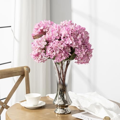 Uqueeten Artificial Flower Fake Silk Hydrangea Heads Bouquet with Stems Bulk for Fall Decoration Table Center Christmas Indoor Outdoor Faux Floral Realistic with Leaves Plants Crafts 8PCSPink - Image 3