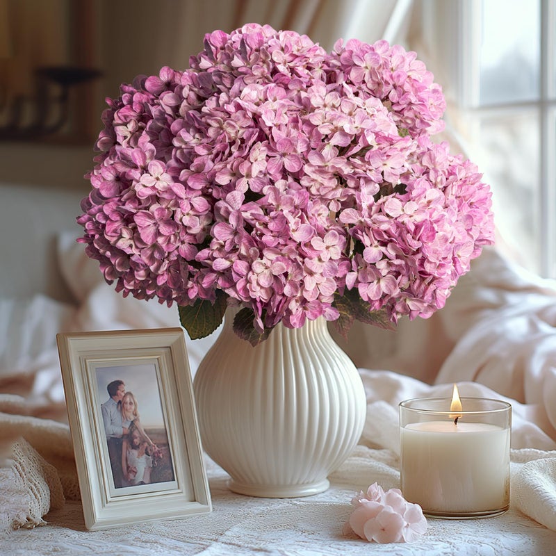 Uqueeten Artificial Flower Fake Silk Hydrangea Heads Bouquet with Stems Bulk for Fall Decoration Table Center Christmas Indoor Outdoor Faux Floral Realistic with Leaves Plants Crafts 8PCSPink - Image 2