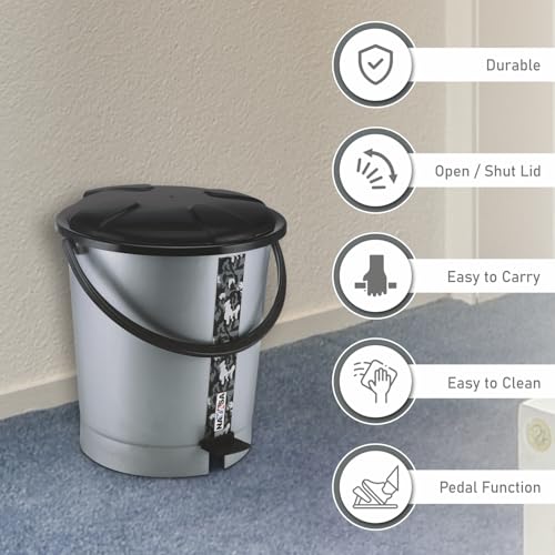 Nayasa Army Pedal Bin- 11.5 Ltrs | Dustbin with Lid | Garbage Waste Bin with Handle | For Kitchen -Bathroom | Strong & Durable | Black - Image 4