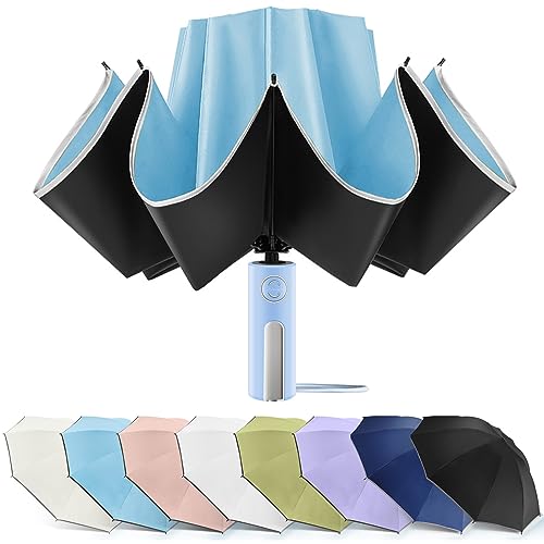 Bodyguard Large Windproof Inverted Umbrellas for Rain & Sun - Travel Folding Compact UPF 50+ Automatic Umbrella with Reflective Stripe, UV Protection For Walking, Sky Blue-46IN - Image 1