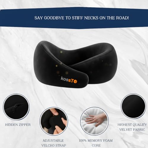 kossto Travel Neck Pillow - 100% Memory Foam Neck Support Pillow for Flight Travel, Adjustable Velcro Straps, Includes Eye Mask & Noise Isolating Ear Plugs with Free Travel Pouch | Velvet Black - Image 2