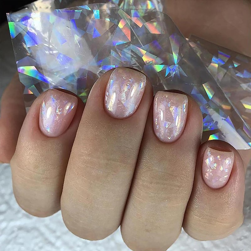 SILPECWEE 2 Boxes Aurora Nail Foil Clear Laser Glass Fragment Nail Transfer Foil for Long Acrylic Nails Starry Sky Holographic Nail Art Foil Stickers Manicure Design for DIY Nails Decoration - Image 5