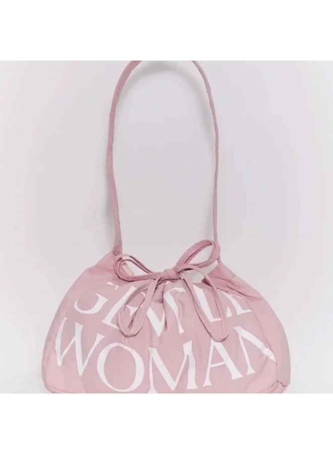 2024 Thailand Niche Design Satchel Armpit Letter Print Drawstring Versatile Dumpling Bag-Color:Powder-Size:27x18x6 - Image 1
