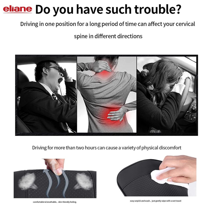 Eliane Universal Car Neck Rest Headrest Pillow Soft Cushion Cervical Pain Relief Support with Adjustable Straps for All Cars Driving Seat Office Chair, Travel Pack of 2 (Black, Faux Leather) - Image 5
