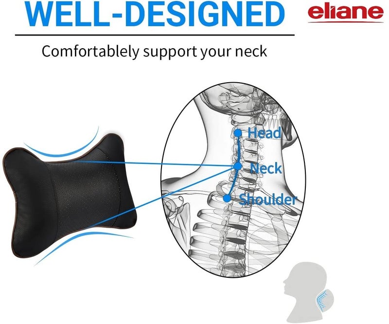 Eliane Universal Car Neck Rest Headrest Pillow Soft Cushion Cervical Pain Relief Support with Adjustable Straps for All Cars Driving Seat Office Chair, Travel Pack of 2 (Black, Faux Leather) - Image 4