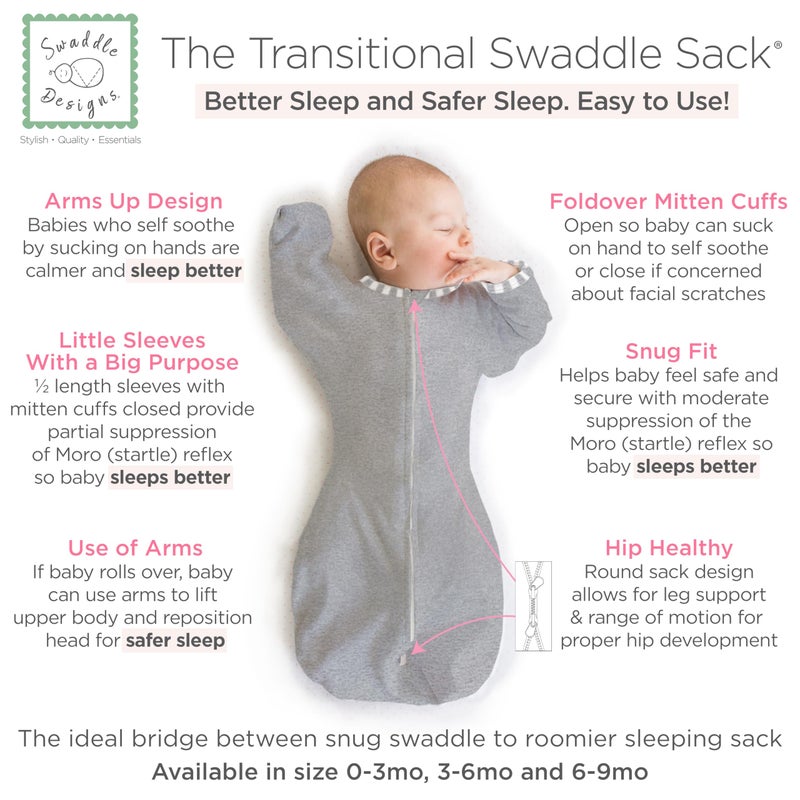 SwaddleDesigns Transitional Swaddle Sack, Arms Up Half-Length Sleeves & Mitten Cuffs, Swaddle for Newborn Transition to Baby Sleep Sack Wearable Blanket, 0-3 Month, 6-14 lb, Gray with Striped Trim - Image 2