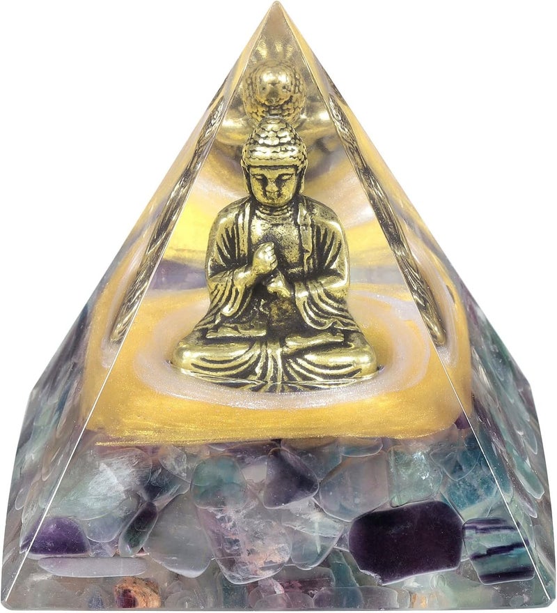 mookaitedecor Brass Buddha Statue Crystal Orgone Pyramid with Fluorite Chip Stones, Orgonite Energy Generator for Healing Yoga Meditation Feng Shui Decor