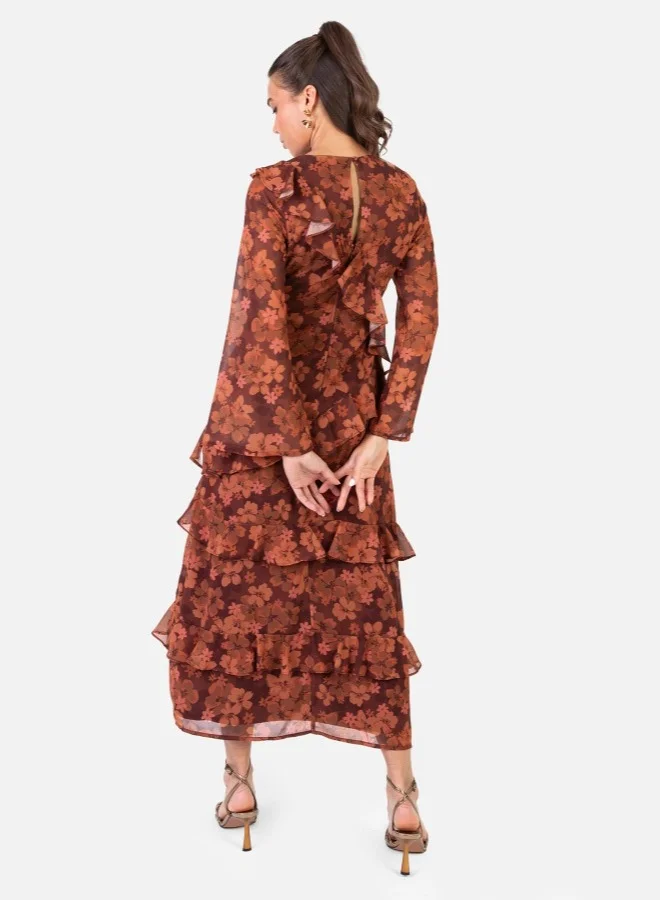 Anaya With Love Asymmetric Ruffle Flared Sleeve Midi Dress