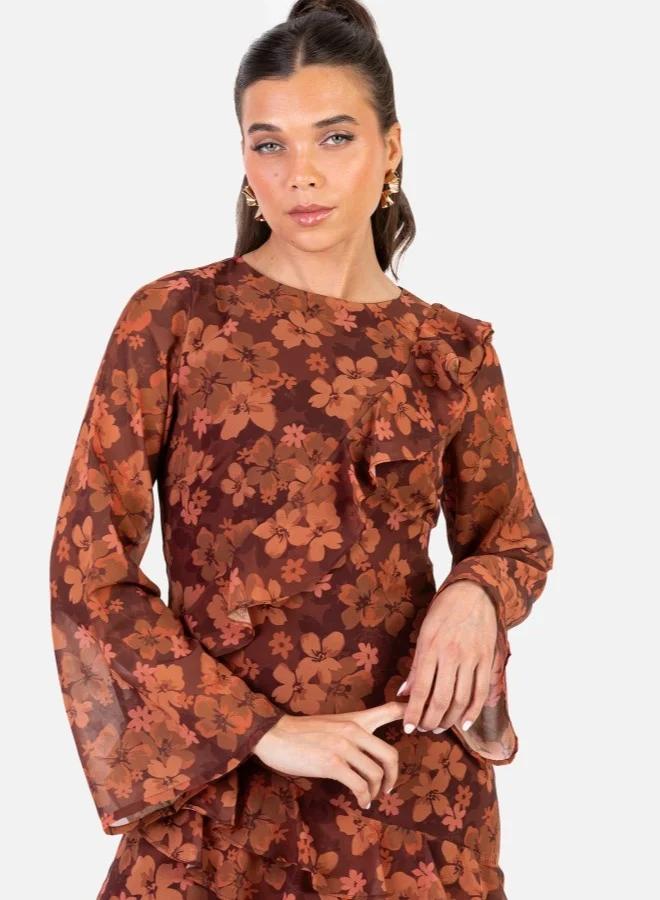 Anaya With Love Asymmetric Ruffle Flared Sleeve Midi Dress