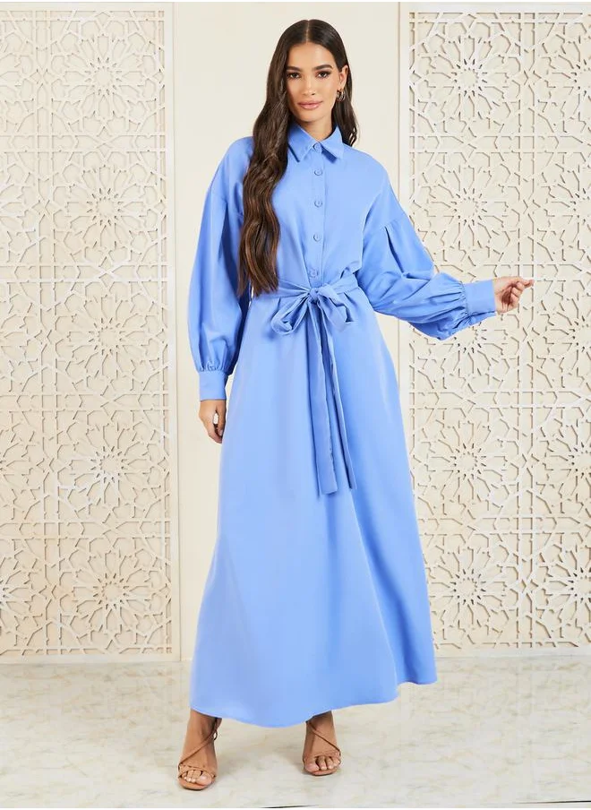 Styli Solid Collared A-Line Shirt Maxi Dress