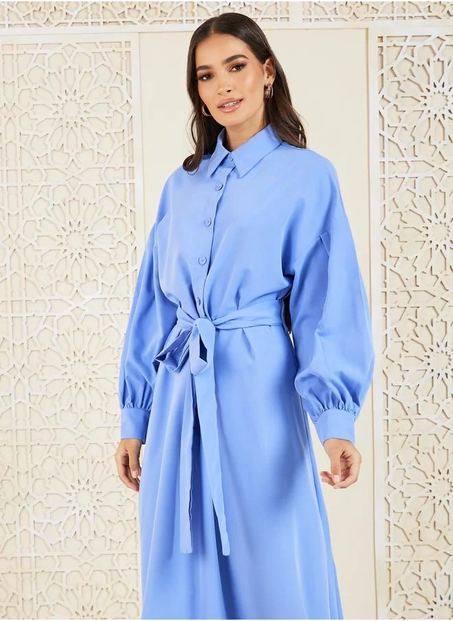 Styli Solid Collared A-Line Shirt Maxi Dress