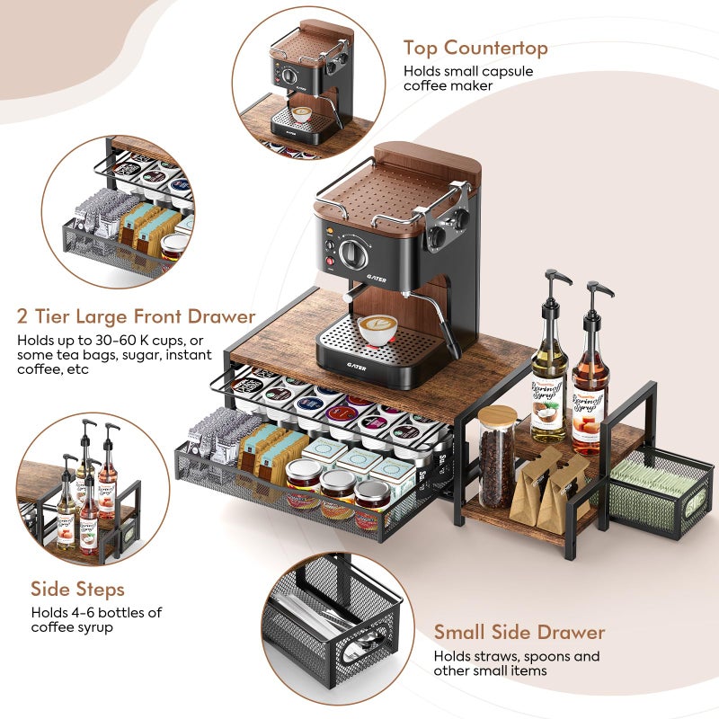 Kssiaz K Cup Holder, 2-Tier Coffee Pod Holder for 60 Pods, K Cup Drawer Organizer with Sliding Storage Drawer, Coffee Bar Station Organizer for Countertop, Space Saving, Home & Office, Brown - Image 4