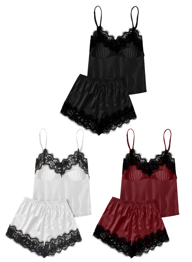 MARGOUN 3 Pack Women Small Size Satin Cami Top and Short Set 2-Piece Lingerie Pajama Set Nightwear Sleepwear Lounge Pjs Set /S(bust:80/waist:64) - Image 3