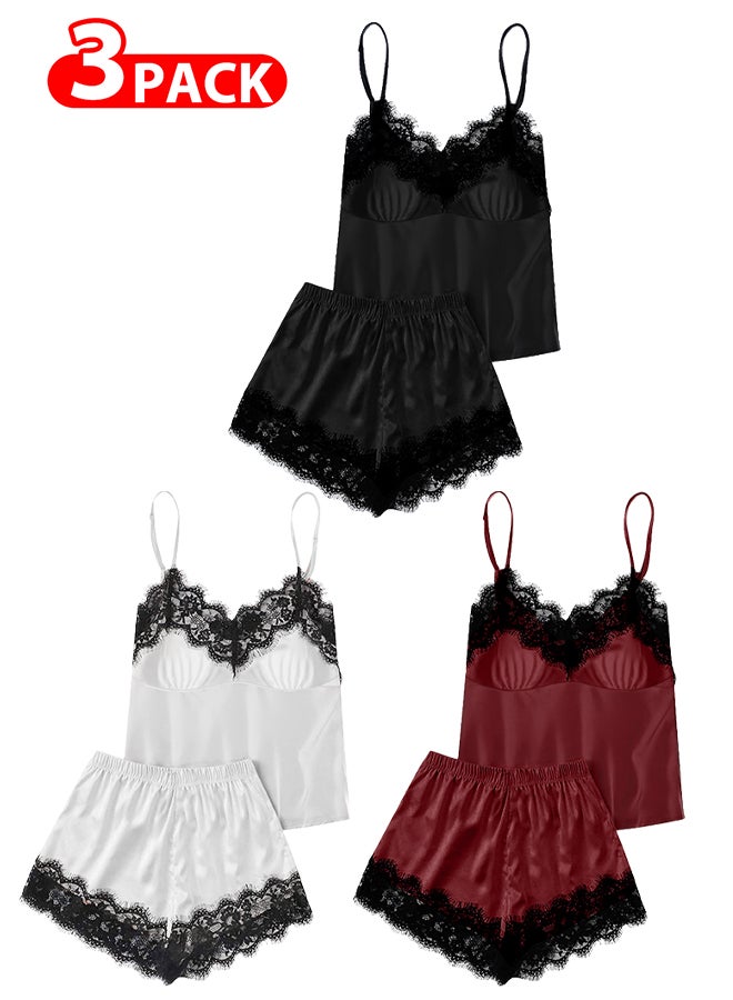 MARGOUN 3 Pack Women Small Size Satin Cami Top and Short Set 2-Piece Lingerie Pajama Set Nightwear Sleepwear Lounge Pjs Set /S(bust:80/waist:64) - Image 1