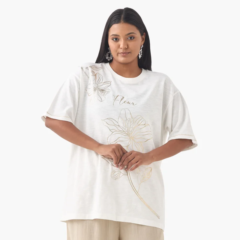 Ulla Popken Plus Size Ulla Popken Floral Print T-shirt with Round Neck