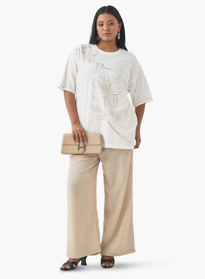 Ulla Popken Plus Size Ulla Popken Floral Print T-shirt with Round Neck