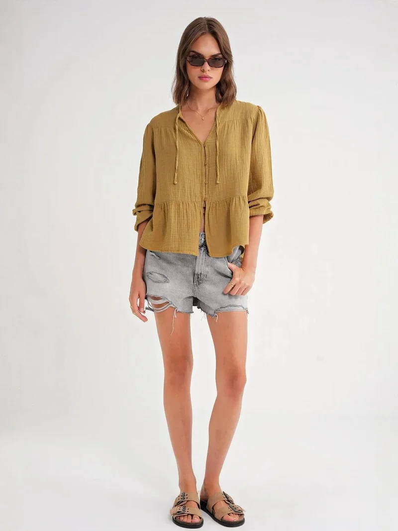 MixRay Mixray Long Sleeve Relaxed Fit Blouse with Tie-Neck