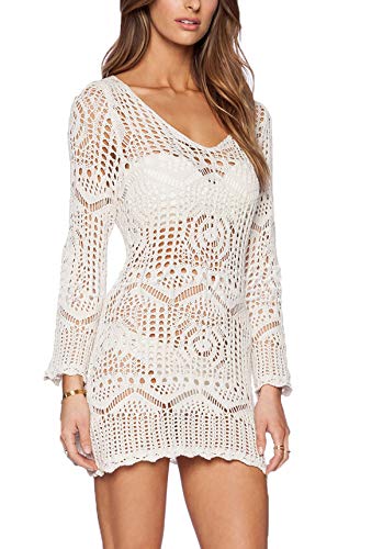 Wander Agio Beach Tops Sexy Perspective Cover Dresses Bikini Cover-ups Net Floral White Beige - Image 3