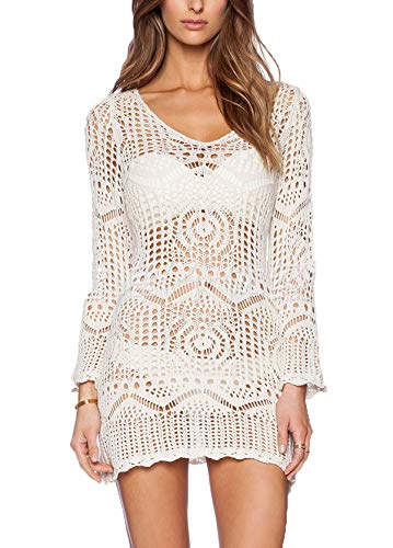 Wander Agio Beach Tops Sexy Perspective Cover Dresses Bikini Cover-ups Net Floral White Beige - Image 5