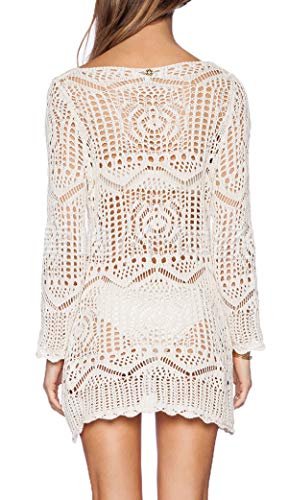Wander Agio Beach Tops Sexy Perspective Cover Dresses Bikini Cover-ups Net Floral White Beige - Image 2
