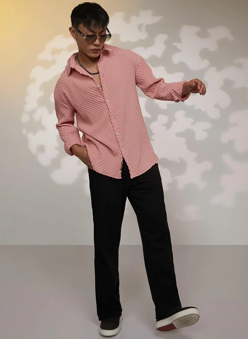 Campus Sutra Men's Blush Pink Cubic-Textured Oversized Shirt
