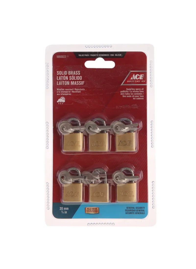 ACE ACE Solid Brass Padlock Pack 20mm 6Pcs 