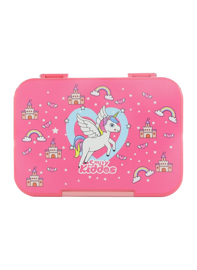 SMILY KIDDOS Smily Kiddos Rubber Lunch Box 6 Compartment Bento Box For Kids Divided Lunch Containers Easy Open School Lunch Containers For Boys Girls -Unicorn Theme Pink  - Image 1