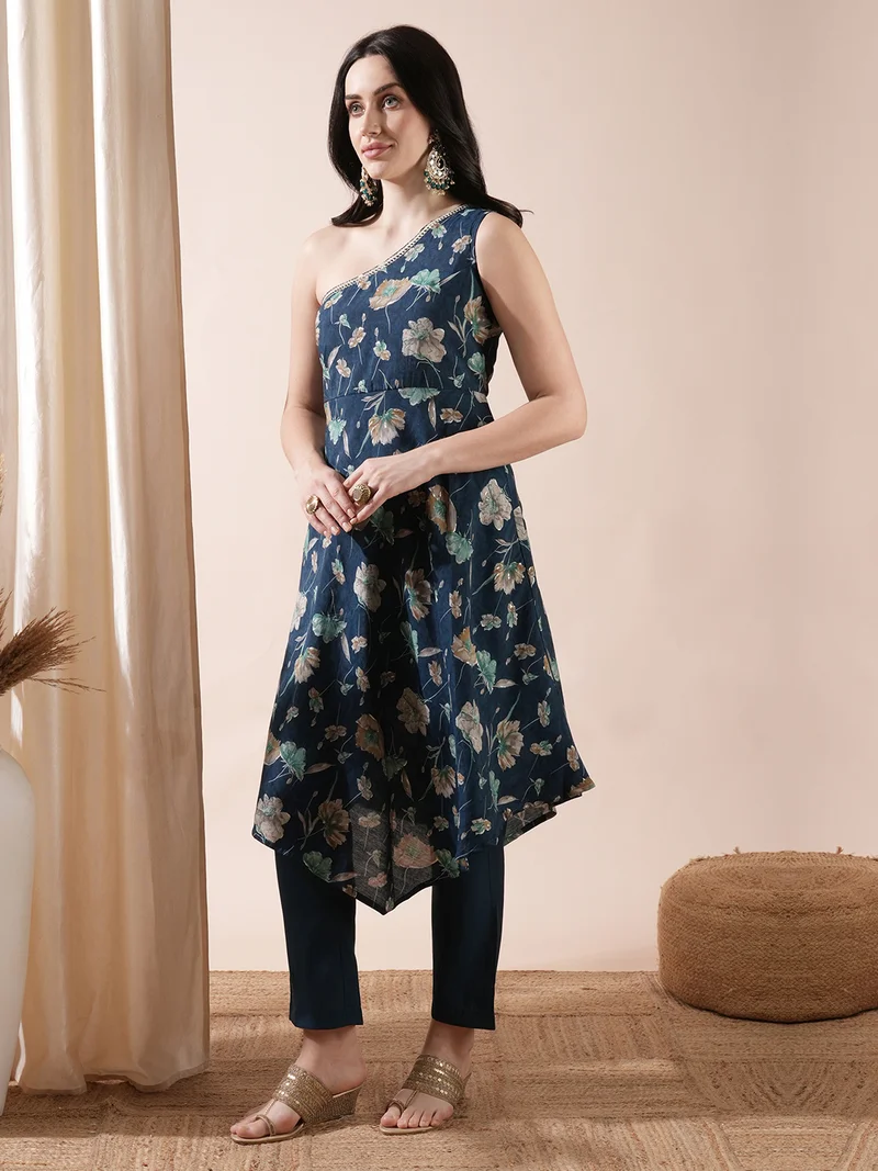 globus Women Blue Floral Printed One Shoulder Gotta Patti A-Line Kurta With Trousers
