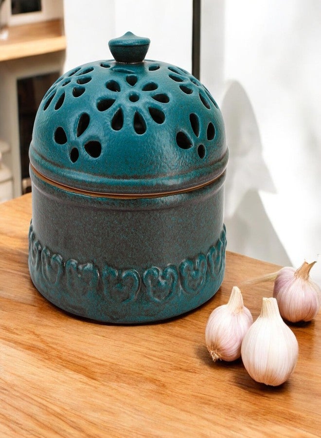 BuleVina Peacock Blue Garlic Keeper for Counter Small, Ceramic Storage Jar & Garlic Holder for Friends Who Like Cooking, Garlic Container Saver for Kitchen, Keep Your Garlic Cloves Fresh Longer, 3-Inch - Image 3