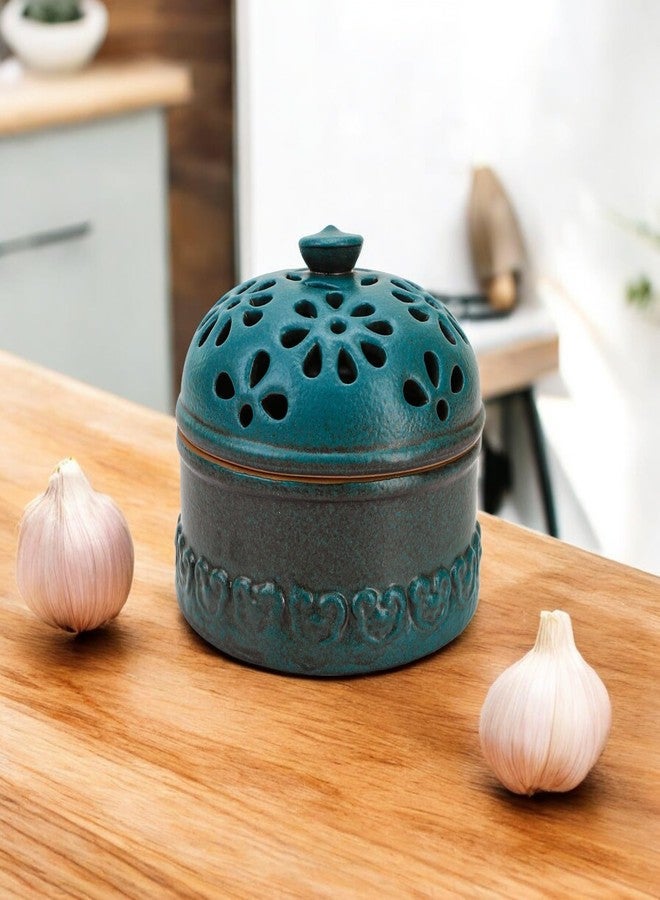 BuleVina Peacock Blue Garlic Keeper for Counter Small, Ceramic Storage Jar & Garlic Holder for Friends Who Like Cooking, Garlic Container Saver for Kitchen, Keep Your Garlic Cloves Fresh Longer, 3-Inch - Image 2
