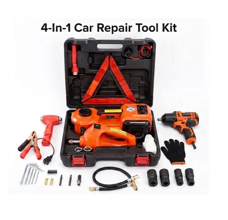 4-in-1 Electric Hydraulic Car Jack with Built-in Air Compressor, Electric Impact Wrench, LED Light & Portable Tool Kit, 5 Ton Capacity, 12V Emergency Roadside Repair Kit - Image 1