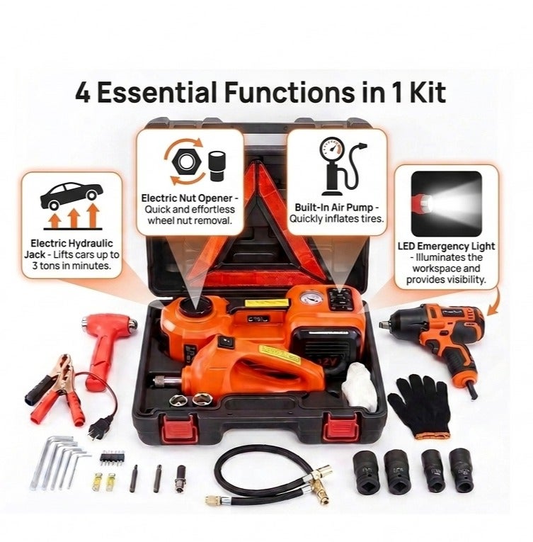 4-in-1 Electric Hydraulic Car Jack with Built-in Air Compressor, Electric Impact Wrench, LED Light & Portable Tool Kit, 5 Ton Capacity, 12V Emergency Roadside Repair Kit - Image 2