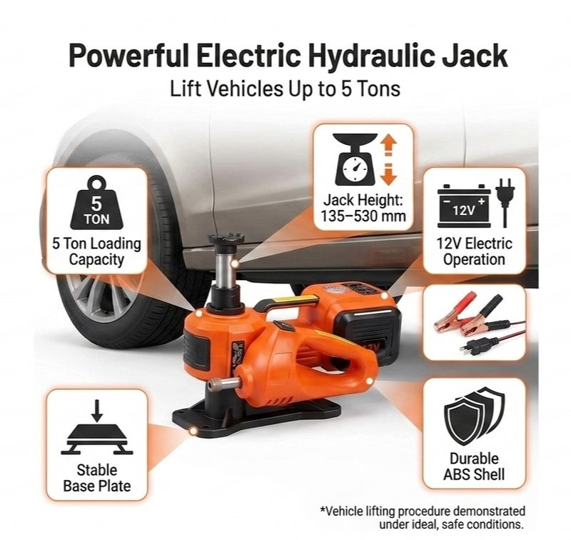 4-in-1 Electric Hydraulic Car Jack with Built-in Air Compressor, Electric Impact Wrench, LED Light & Portable Tool Kit, 5 Ton Capacity, 12V Emergency Roadside Repair Kit - Image 3