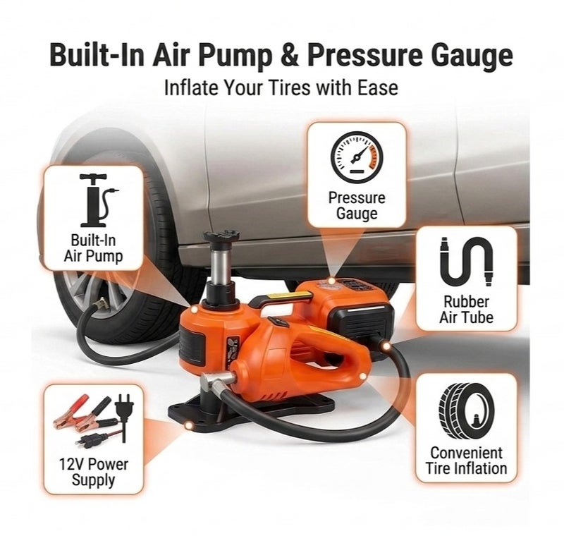 4-in-1 Electric Hydraulic Car Jack with Built-in Air Compressor, Electric Impact Wrench, LED Light & Portable Tool Kit, 5 Ton Capacity, 12V Emergency Roadside Repair Kit - Image 4