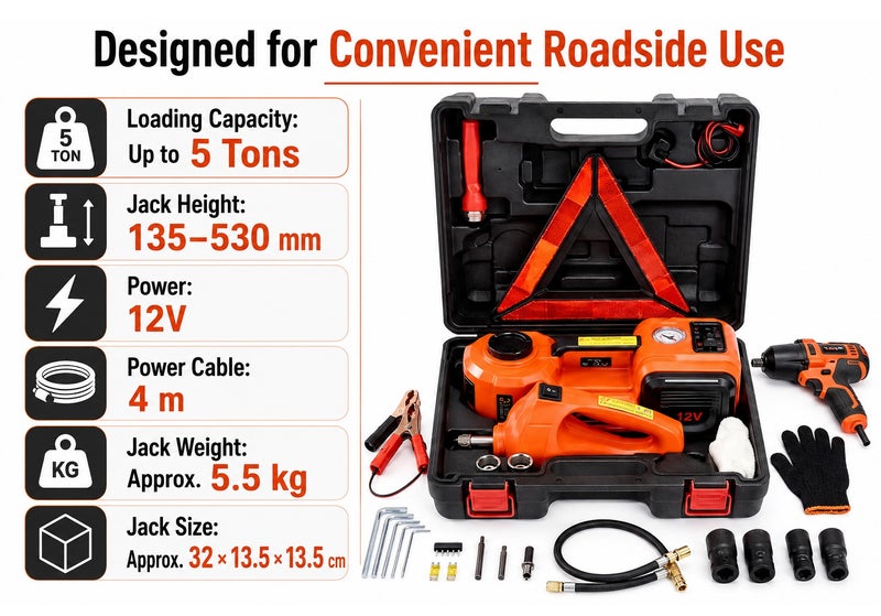 4-in-1 Electric Hydraulic Car Jack with Built-in Air Compressor, Electric Impact Wrench, LED Light & Portable Tool Kit, 5 Ton Capacity, 12V Emergency Roadside Repair Kit - Image 5