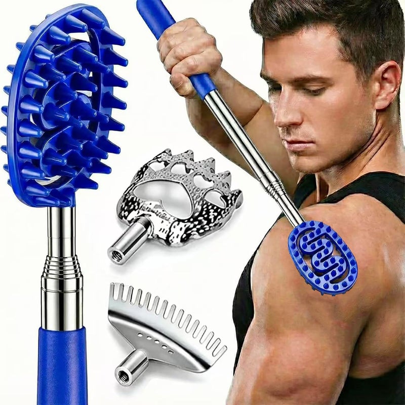 Plazuria Oversized Back Scratcher Massager with 3 Detachable Heads, Stocking Stuffers for Men & Women, Extendable 30" Handle with Spikes, Rake & Bear Claw Heads (Navy Blue) - Image 1