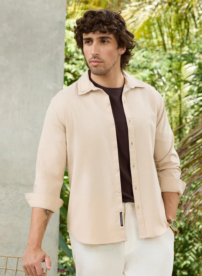 CAHOOT Men's Cream Plain/Basic Regular Shirt For Casual Wear | Collared Neck | Long Sleeve | Button Closure | Cotton Blend Shirt Crafted With Comfort Fit For Everyday Wear
