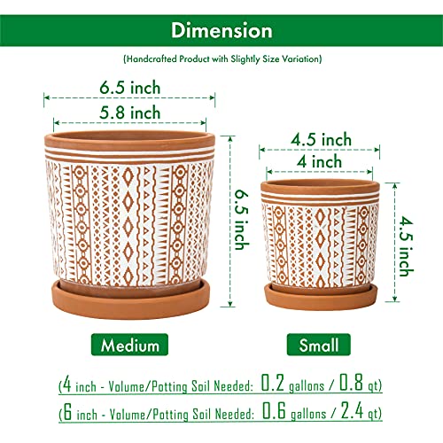 D'vine Dev Set of 2 Terracotta Pots, 4 Inch & 6 Inch, Planter Pots for Plants with Drainage Holes and Saucers, Terracotta/White, Small, 31-958-A-1 - Image 3