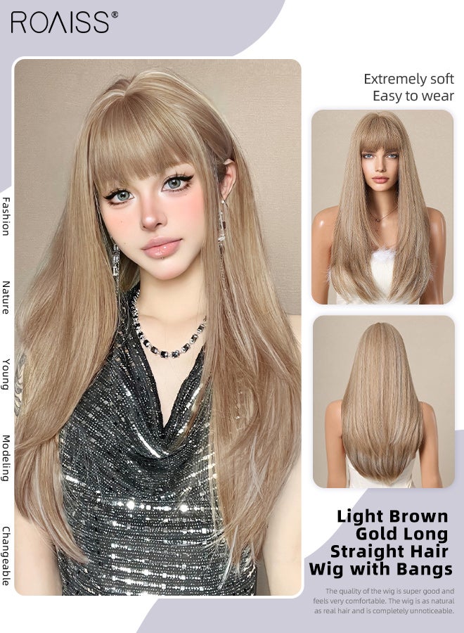رويس باروكة شعر مستعار طويل مستقيم باللون البني الفاتح الذهبي مع غرة، باروكة شعر مستعار صناعية مقاومة للحرارة للنساء، مناسبة لحفلات الزفاف والتنكر والارتداء اليومي، مظهر طبيعي، 68 سم (26.8 بوصة) - Image 1