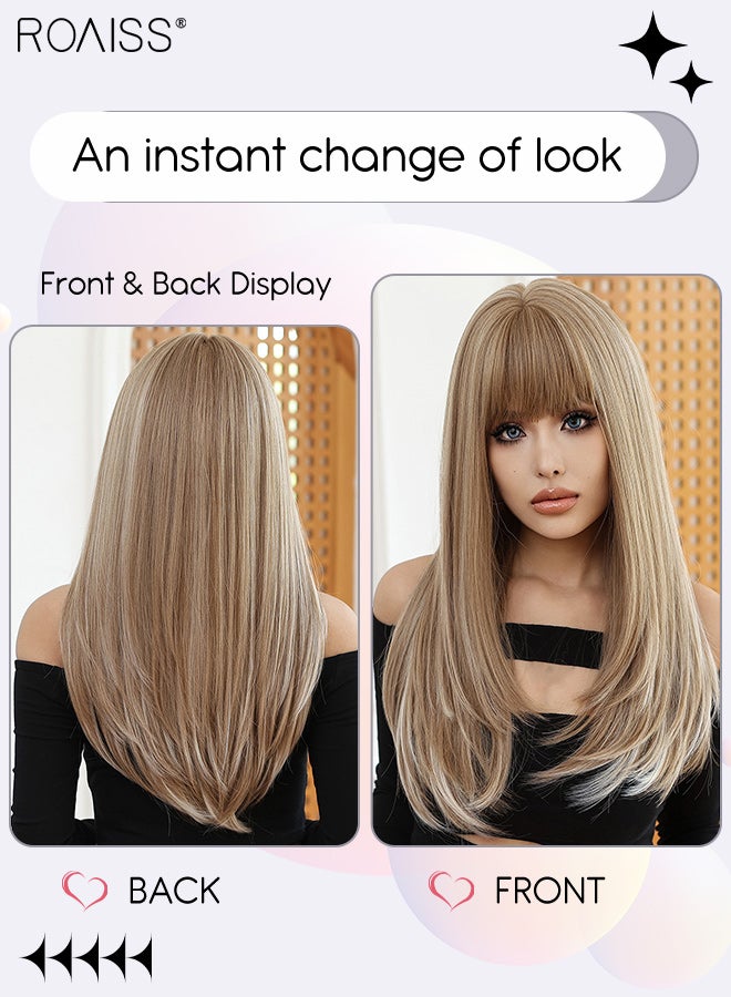 رويس باروكة شعر مستعار طويل مستقيم باللون البني الفاتح الذهبي مع غرة، باروكة شعر مستعار صناعية مقاومة للحرارة للنساء، مناسبة لحفلات الزفاف والتنكر والارتداء اليومي، مظهر طبيعي، 68 سم (26.8 بوصة) - Image 2