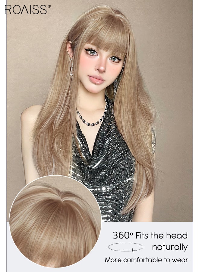 رويس باروكة شعر مستعار طويل مستقيم باللون البني الفاتح الذهبي مع غرة، باروكة شعر مستعار صناعية مقاومة للحرارة للنساء، مناسبة لحفلات الزفاف والتنكر والارتداء اليومي، مظهر طبيعي، 68 سم (26.8 بوصة) - Image 4