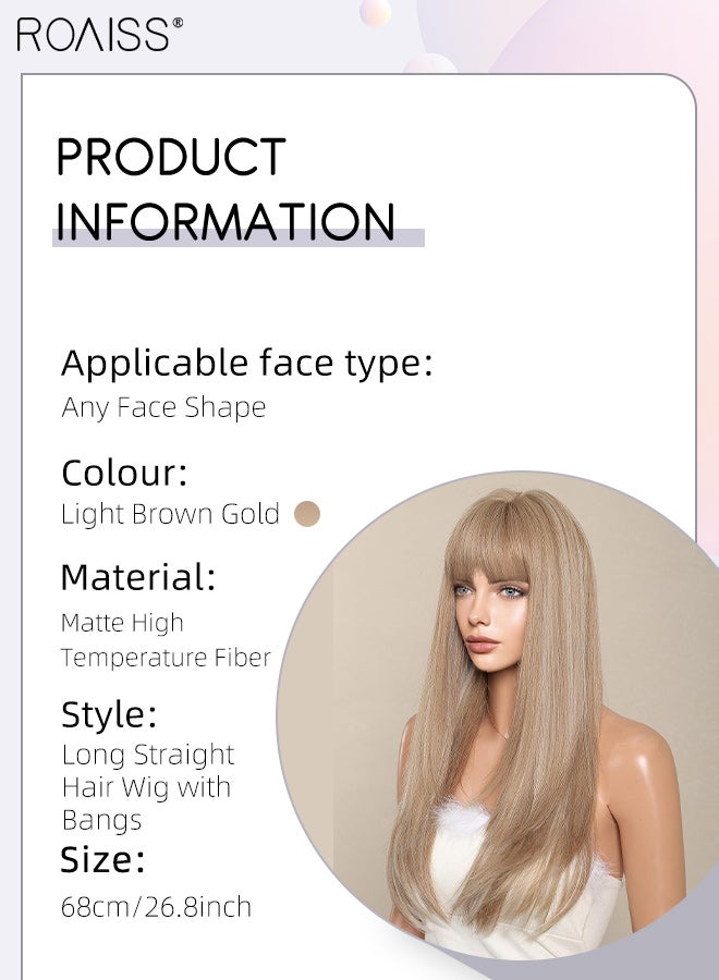 رويس باروكة شعر مستعار طويل مستقيم باللون البني الفاتح الذهبي مع غرة، باروكة شعر مستعار صناعية مقاومة للحرارة للنساء، مناسبة لحفلات الزفاف والتنكر والارتداء اليومي، مظهر طبيعي، 68 سم (26.8 بوصة) - Image 3