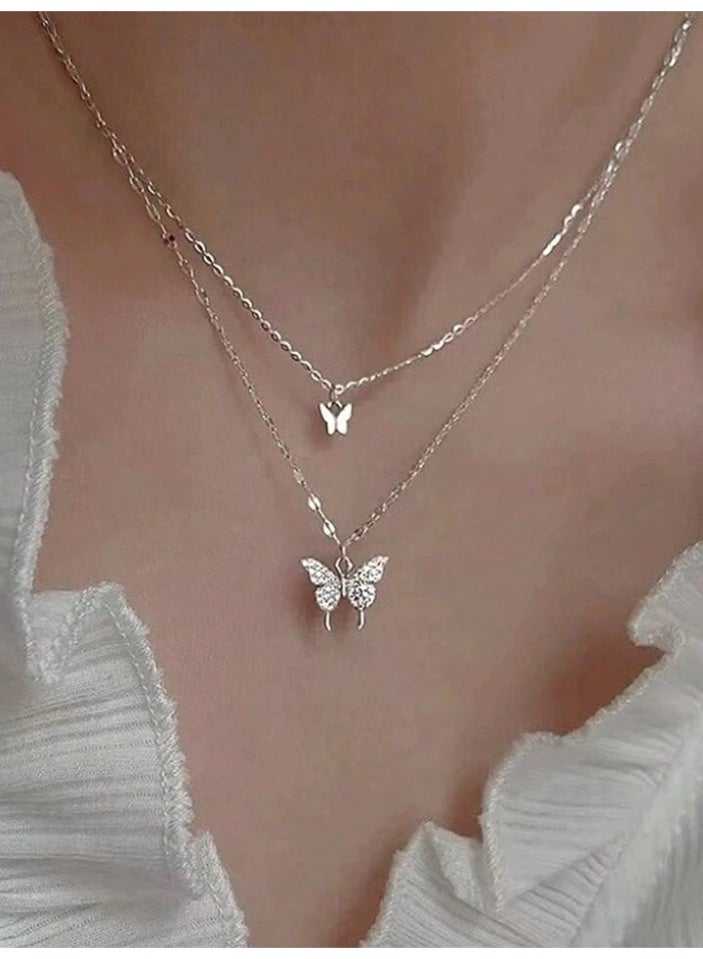 925 Sterling Silver Charms Luxurious 925 Sterling Silver Chain With A Delicate Luxurious Double Pendant Crafted With High Quality And Extreme Precision In The Shape Of A Butterfly Studded With Small Zircon Crystals Topped With A Small Silver Butterfly Pendant To Give A Gorgeous Look To The Princess She Deserves - Image 1