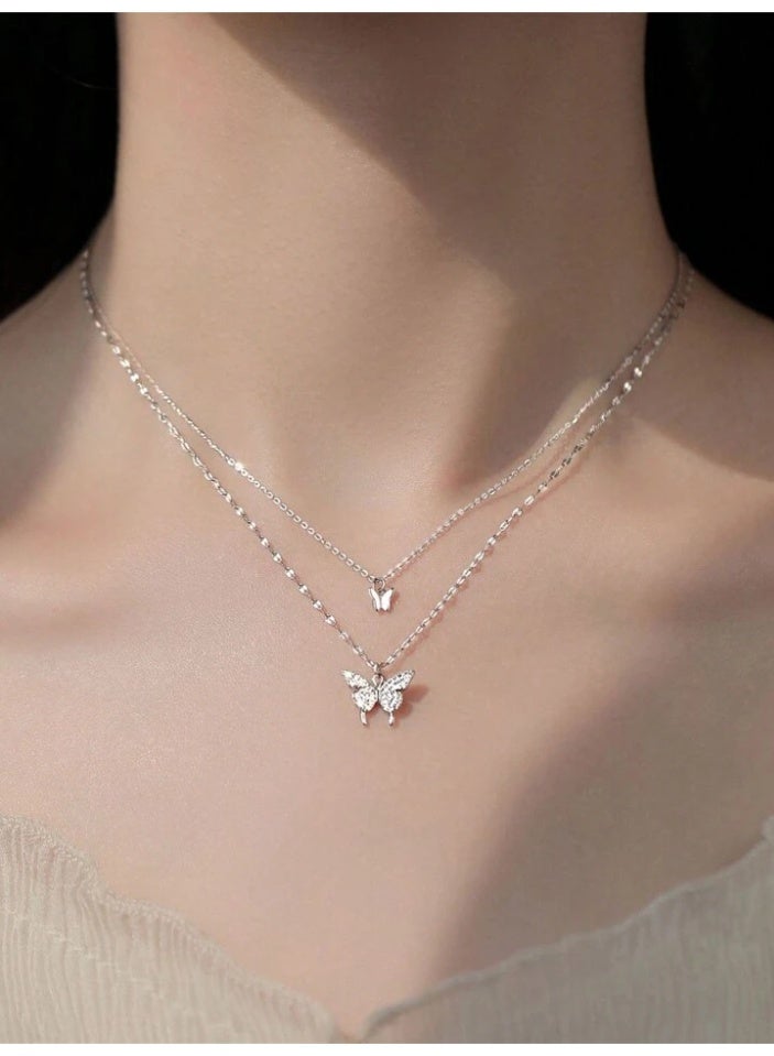925 Sterling Silver Charms Luxurious 925 Sterling Silver Chain With A Delicate Luxurious Double Pendant Crafted With High Quality And Extreme Precision In The Shape Of A Butterfly Studded With Small Zircon Crystals Topped With A Small Silver Butterfly Pendant To Give A Gorgeous Look To The Princess She Deserves - Image 5