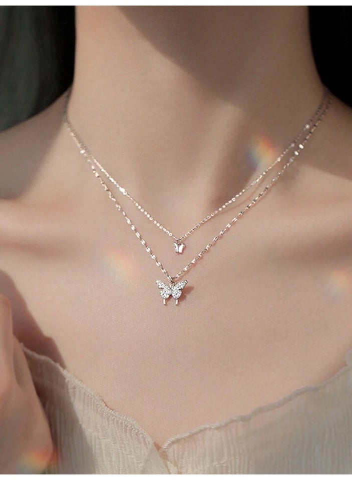 925 Sterling Silver Charms Luxurious 925 Sterling Silver Chain With A Delicate Luxurious Double Pendant Crafted With High Quality And Extreme Precision In The Shape Of A Butterfly Studded With Small Zircon Crystals Topped With A Small Silver Butterfly Pendant To Give A Gorgeous Look To The Princess She Deserves - Image 4